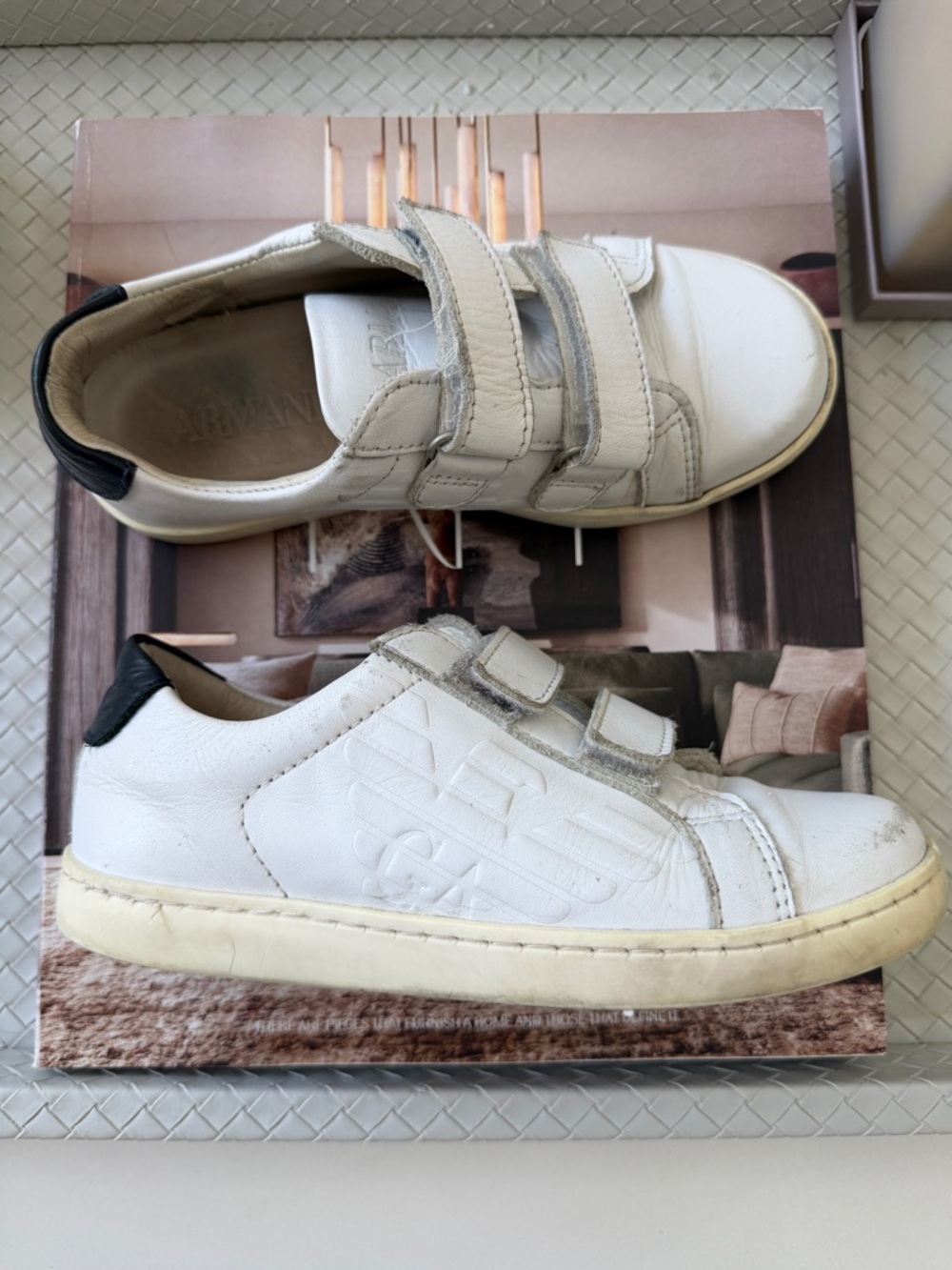 Armani Junior White Leather Velcro Kids Sneakers with Black Heel Tab size 31